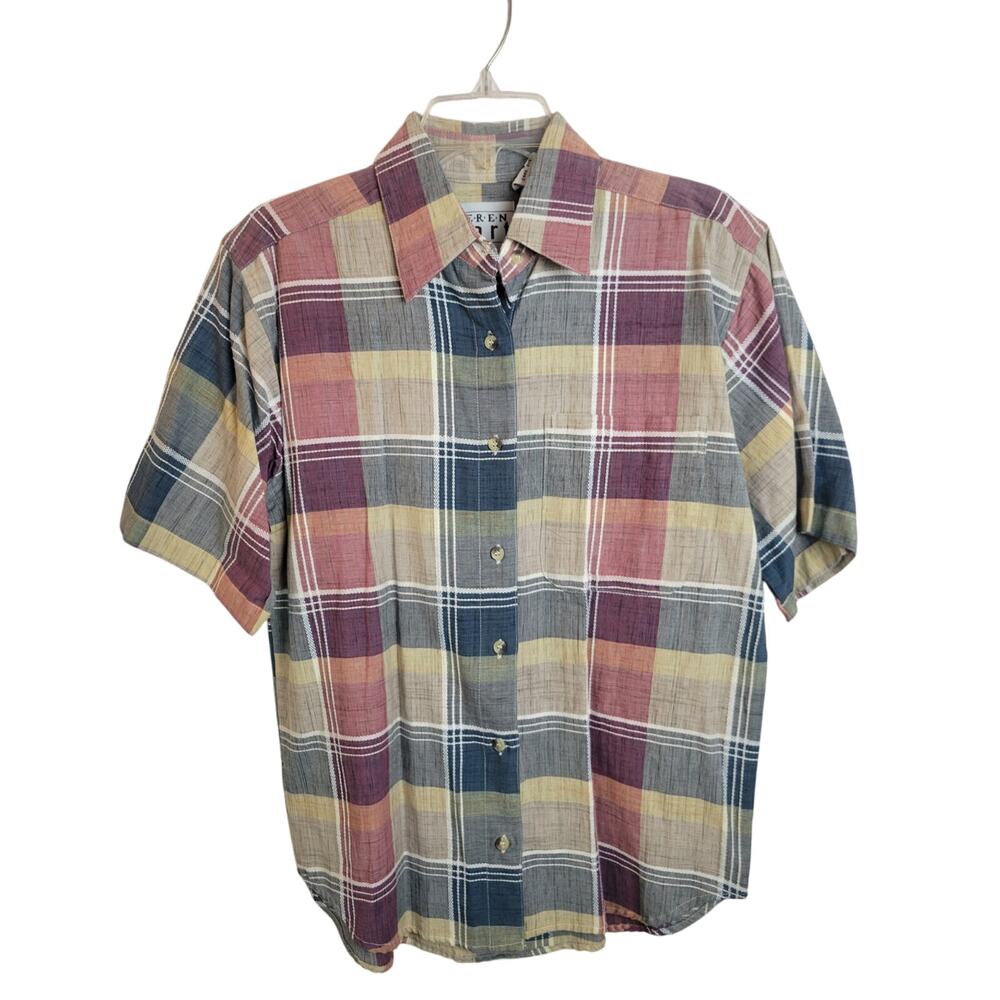 NWT VTG Button Up Shirt Keren Hart Pink Blue Plaid Short Sleeve Women's Sz Small